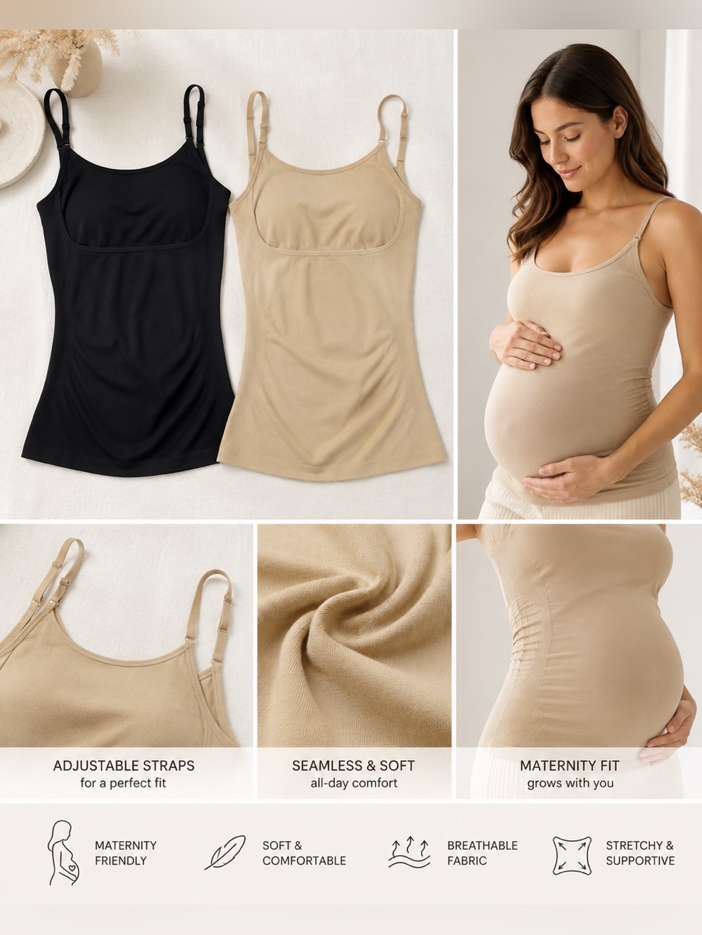 🐞Seamless Adjustable-Strap Maternity Camisole - Black & Tan